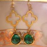 Emerald Green Earrings Gold Clover Connectors -..