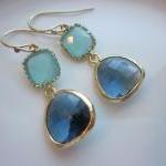 Aqua Blue Earrings Sapphire Gold Plated -..