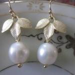 White Freshwater Round Pearl Earrings Gold Three..