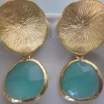 Aqua Blue Earrings Gold Mushroom Coral - Sterling..