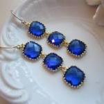Cobalt Blue Earrings Gold Three Tier Blocks..