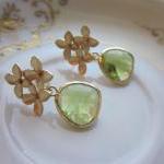 Peridot Earrings Apple Green Gold Cherry Blossom -..
