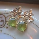 Peridot Earrings Apple Green Gold Cherry Blossom -..