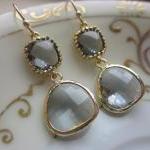 Charcoal Gray Earrings Gold Plated Two Tier -..