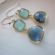 Aqua Blue Earrings Sapphire Gold Plated - Bridesmaid Earrings - Wedding Earrings - Bridal Earrings