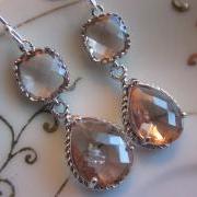 Champagne Earrings Peach Silver Earrings Teardrop Glass Two Tier - Bridesmaid Earrings Wedding Earrings Bridal Earrings