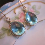 Aquamarine Earrings Gold - Teardrop Glass - Bridesmaid Earrings - Wedding Earrings - Bridal Earrings
