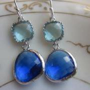 Cobalt Blue Earrings Aquamarine Silver Two Tier - Sterling Silver Earwires - Bridesmaid Earrings Wedding Earrings Bridal Earrings