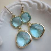 Aquamarine Earrings Gold Two Tier Blue Earrings - Bridesmaid Earrings Wedding Earrings