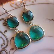 Emerald Green Earrings Gold Two Tier - Bridesmaid Earrings - Wedding Earrings - Bridal Earrings