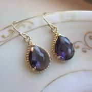 Amethyst Earrings Purple Gold Teardrop Pendant - Bridesmaid Earrings Wedding Earrings Bridal Earrings