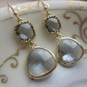 Charcoal Gray Earrings Gold Plated Two Tier - Bridesmaid Earrings - Bridal Earrings - Wedding Jewelry