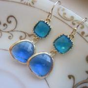 Cobalt Blue Earrings Sea Blue Gold Two Tier Earrings - Gold Plated - Bridesmaid Earrings Wedding Earrings Bridal Earrings