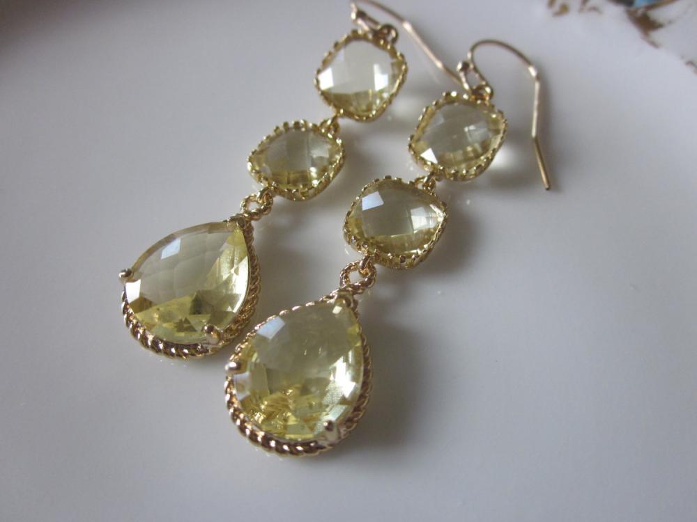 Citrine Earrings Yellow Earrings Three Tier - Gold Plated - Bridesmaid Earrings - Bridal Earrings