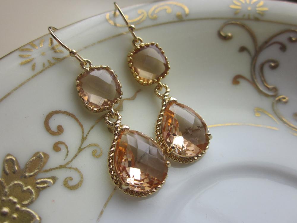 Champagne Earrings Peach Gold Earrings Teardrop Glass Two Tier - Bridesmaid Earrings Wedding Earrings Bridal Earrings