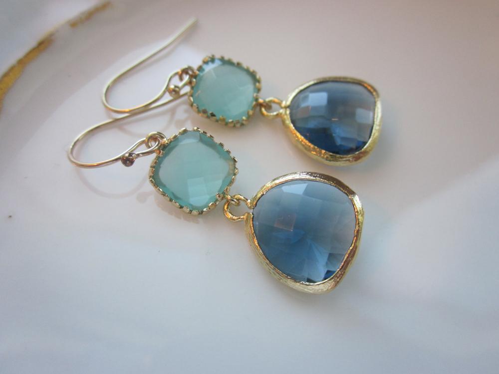 Aqua Blue Earrings Sapphire Gold Plated - Bridesmaid Earrings - Wedding Earrings - Bridal Earrings