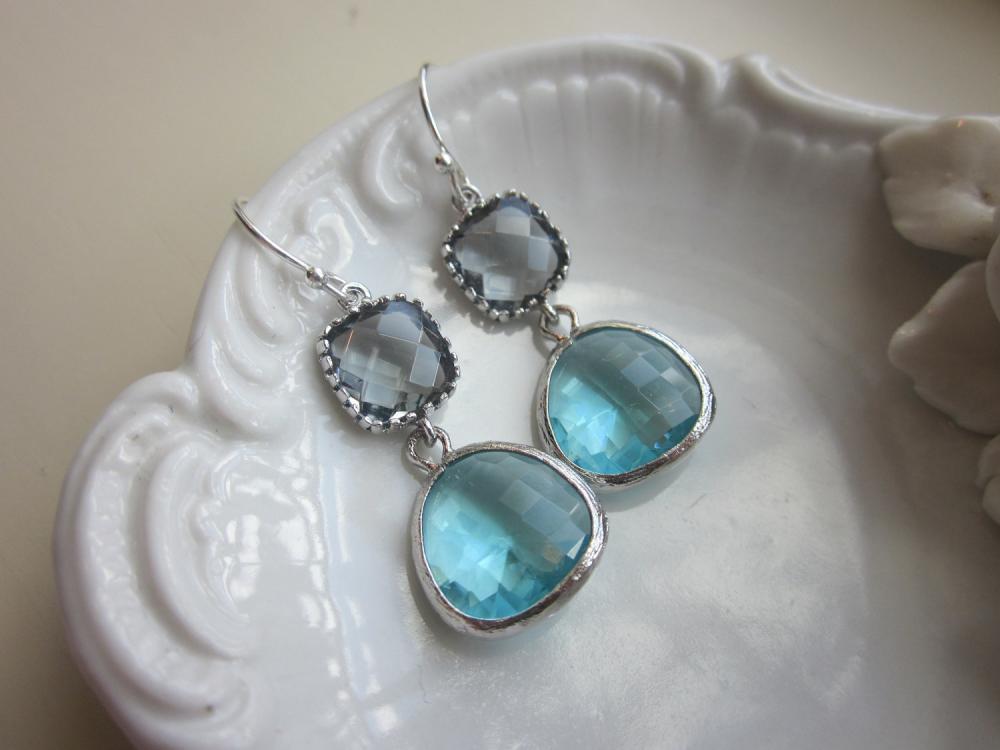 Silver Charcoal Gray Earrings Aquamarine Earrings Blue Two Tier - Bridesmaid Earrings - Bridal Earrings - Wedding