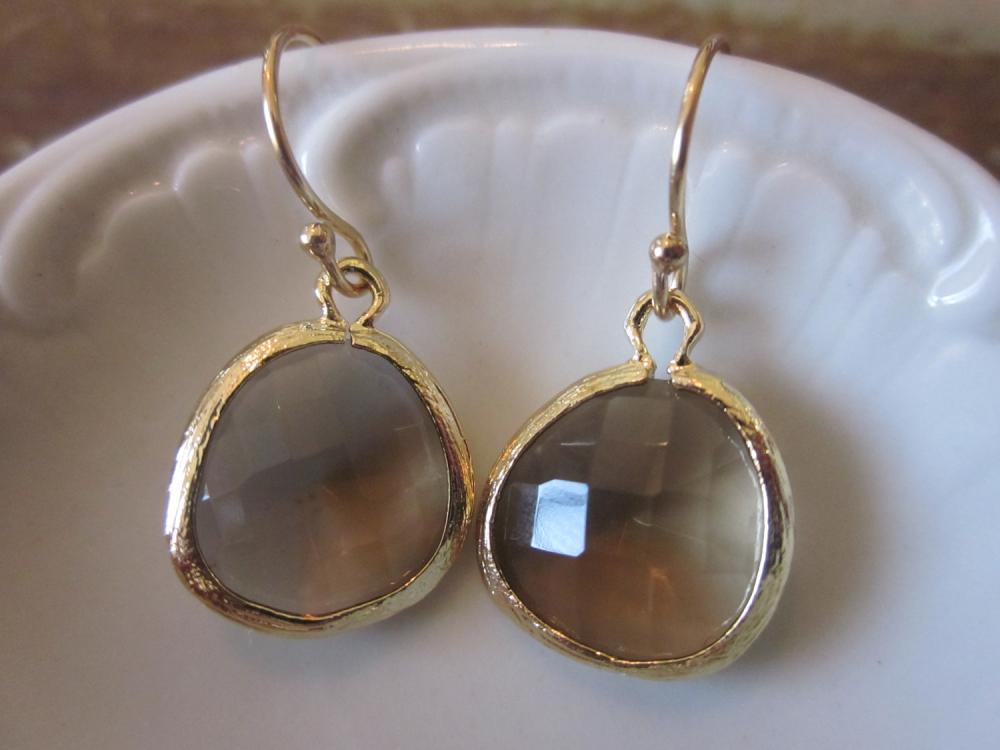 Smoky Brown Earrings - 16k Gold Plated Glass Earrings - Bridesmaid Earrings - Bridal Earrings