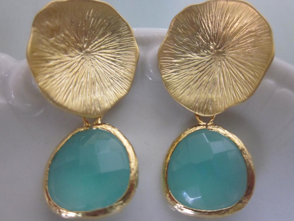 Aqua Blue Earrings Gold Mushroom Coral - Sterling Silver Posts - Bridesmaid Earrings - Bridal Earrings