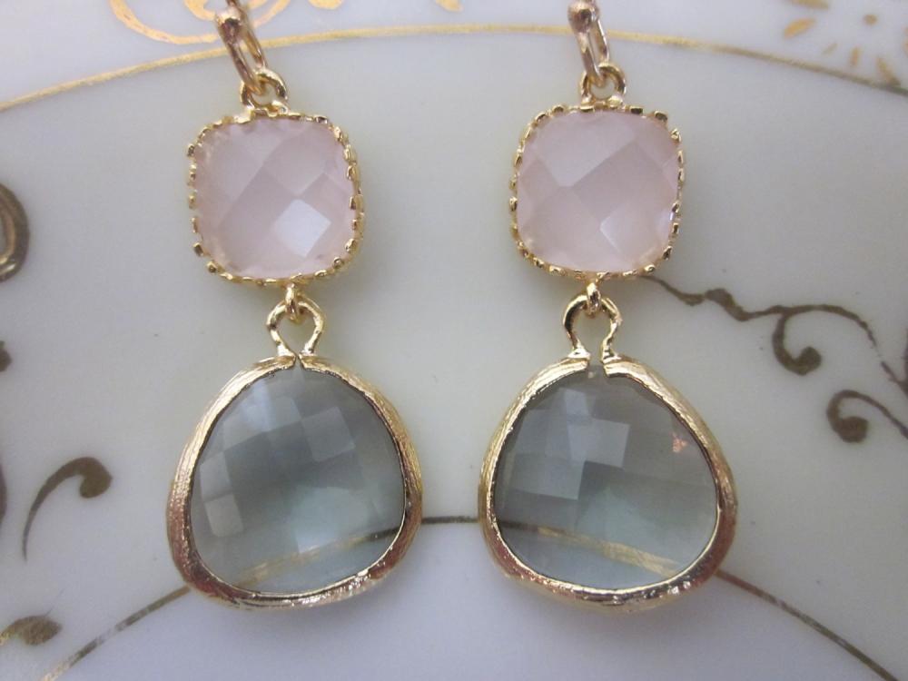 Gold Charcoal Gray Earrings Pink Earrings - Bridesmaid Earrings - Bridal Earrings - Wedding