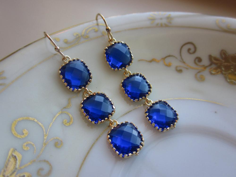 Cobalt Blue Earrings Gold Three Tier Blocks Wedding Earrings ...
