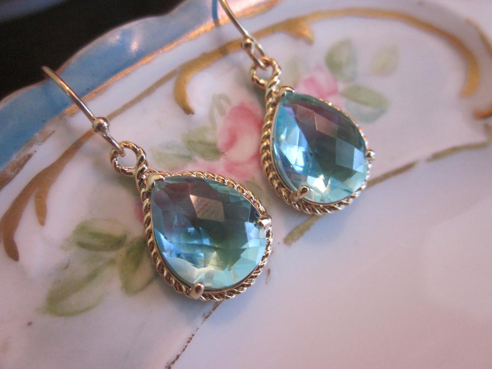 Aquamarine Earrings Gold - Teardrop Glass - Bridesmaid Earrings - Wedding Earrings - Bridal Earrings