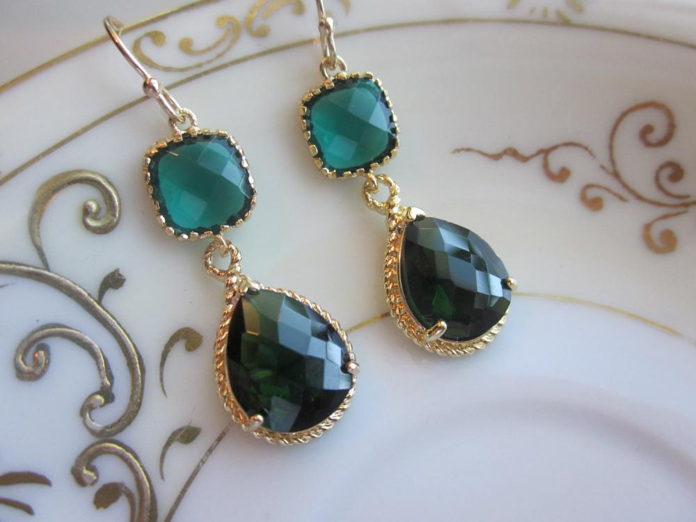 Emerald Green Earrings Gold Pendant Two Tier - Bridesmaid Earrings - Wedding Earrings - Bridal Earrings