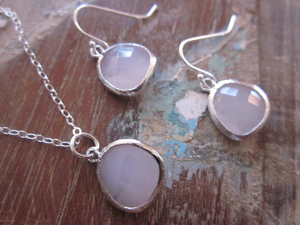 Rose Pink Necklace & Earring Set - Pendants On Sterling Silver Earwires And Chain