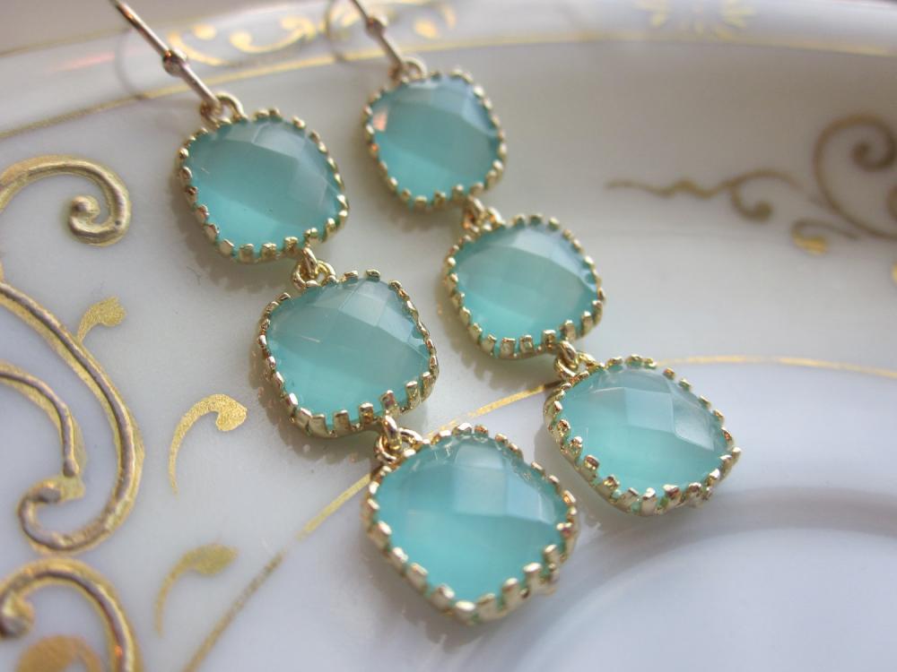 Aqua Blue Earrings Gold Plated - Three Tier Squares - Bridesmaid Earrings - Bridal Earrings
