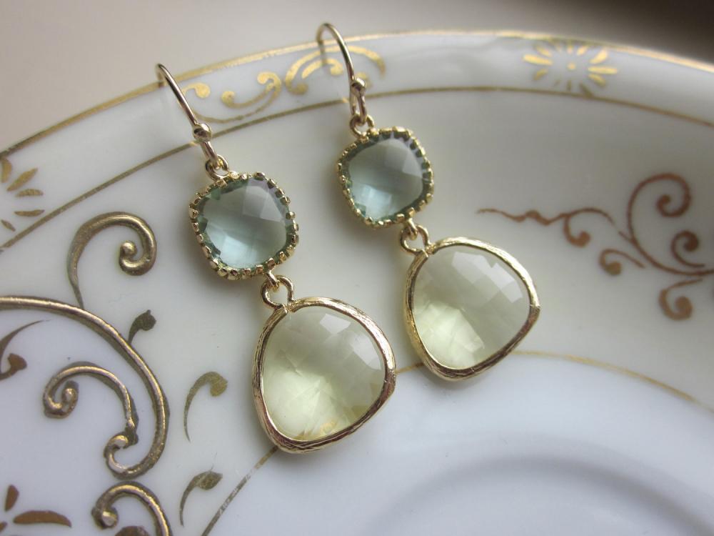 Citrine Earrings Prasiolite Glass Gold Plated - Bridesmaid Earrings - Bridal Earrings - Wedding Earrings