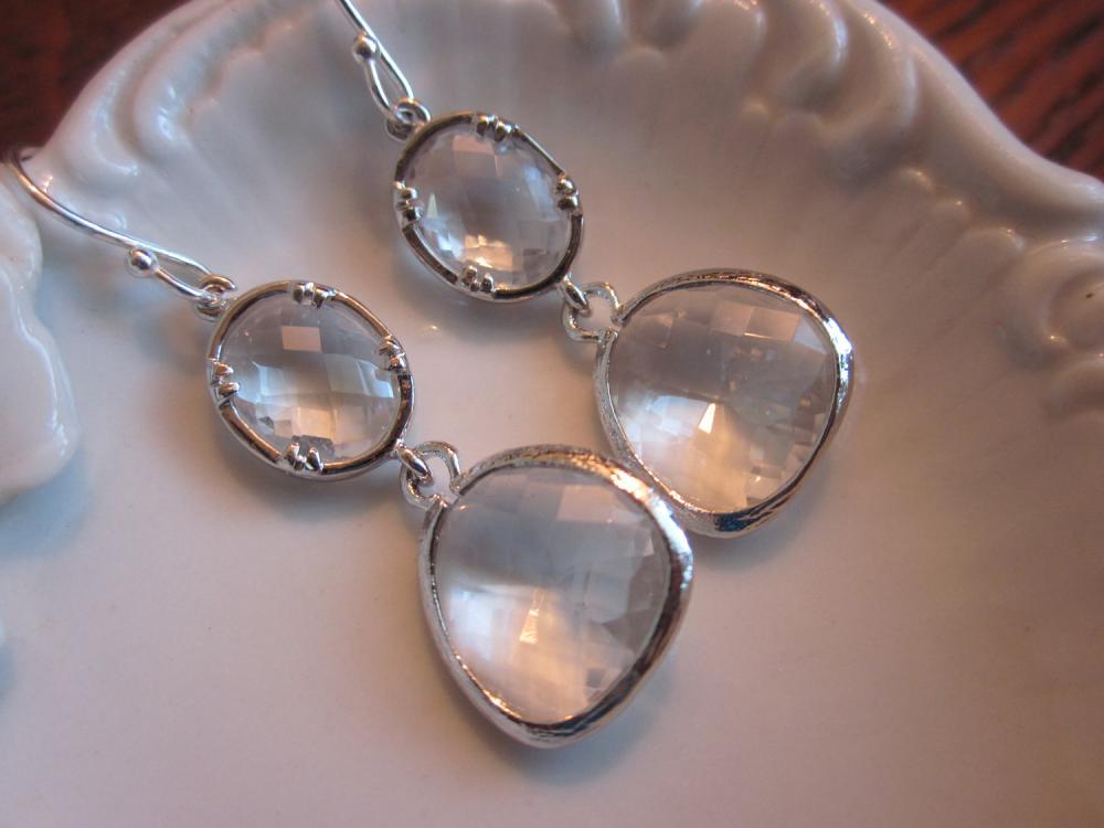 Crystal Earrings Silver Clear - Sterling Silver Earwires - Bridesmaid Earrings - Bridal Earrings