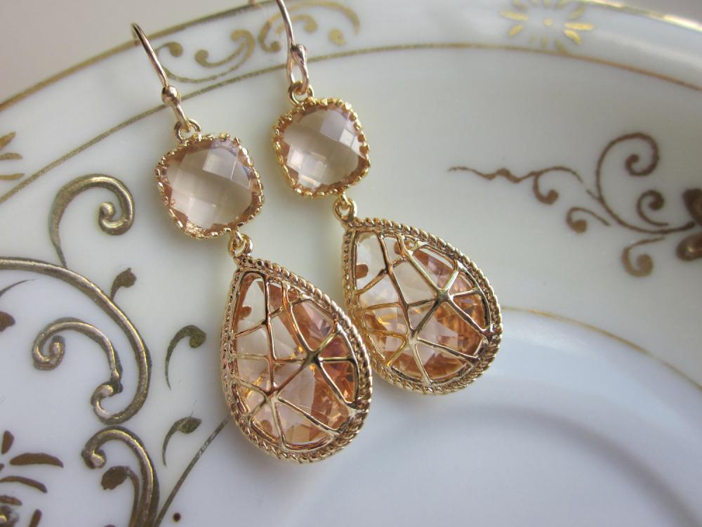 Champagne Peach Earrings Pink Gold Twisted Design - Bridesmaid Earrings Wedding Earrings Bridal Earrings