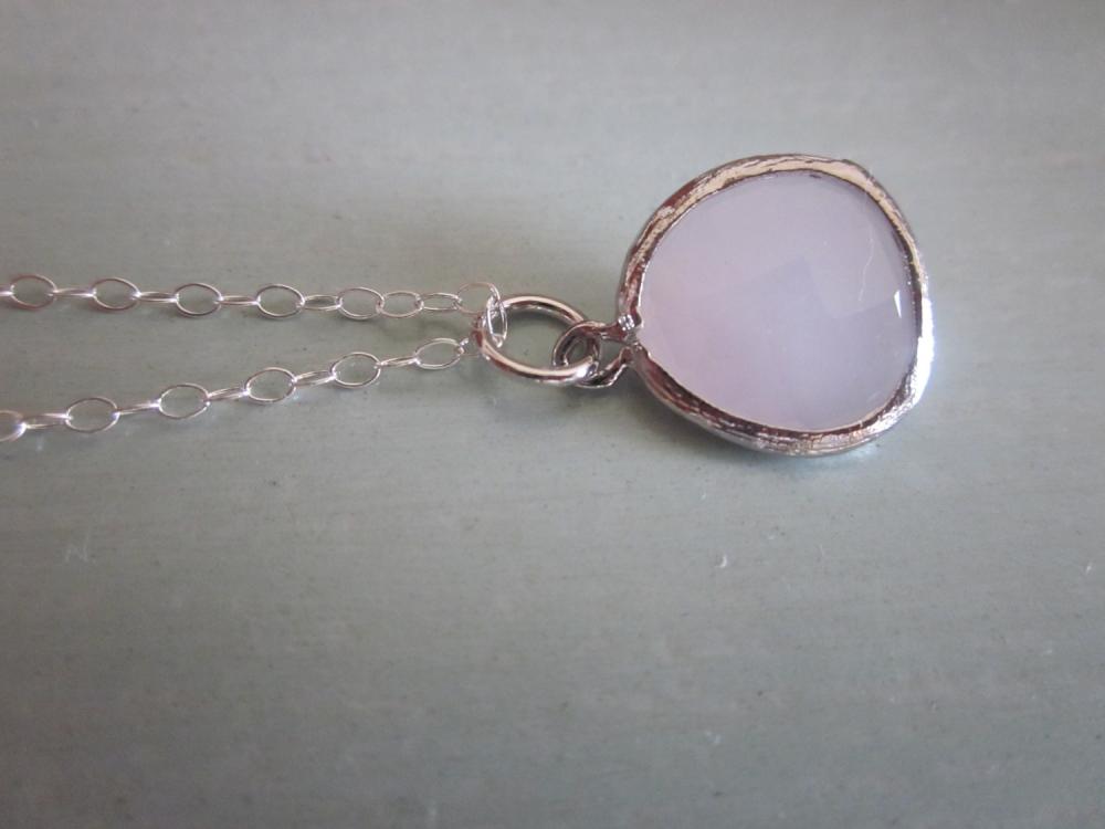 Rose Pink Opal Glass Pendant Necklace with Sterling Silver Chain - Silver Plated Gem