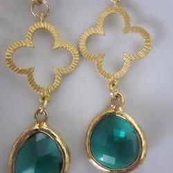 Emerald Green Earrings Gold Clover Connectors - Bridesmaid Earrings - Bridal Earrings