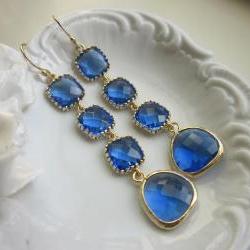 Cobalt Earrings Blue Gold Plated Earrings 4 tier - Bridesmaid Earrings - Wedding Earrings - Bridal Earrings