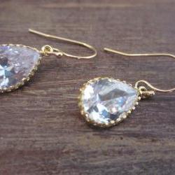 Crystal Earrings Briolette Gold Filled Earwires - Gold Plated Glass Gem - Bridesmaid Earrings - Bridal Earrings