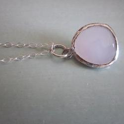 Rose Pink Opal Glass Pendant Necklace with Sterling Silver Chain - Silver Plated Gem